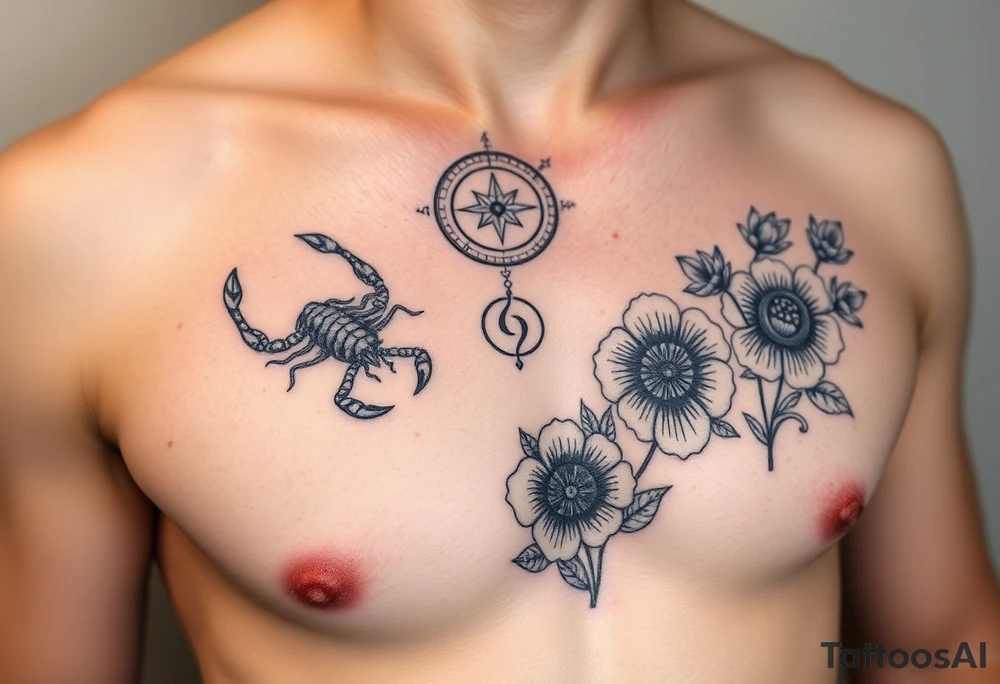 A medium tattoo including the constellation of Scorpio & Virgo as well as the flowers associated with October & September tattoo idea