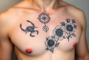 A medium tattoo including the constellation of Scorpio & Virgo as well as the flowers associated with October & September tattoo idea