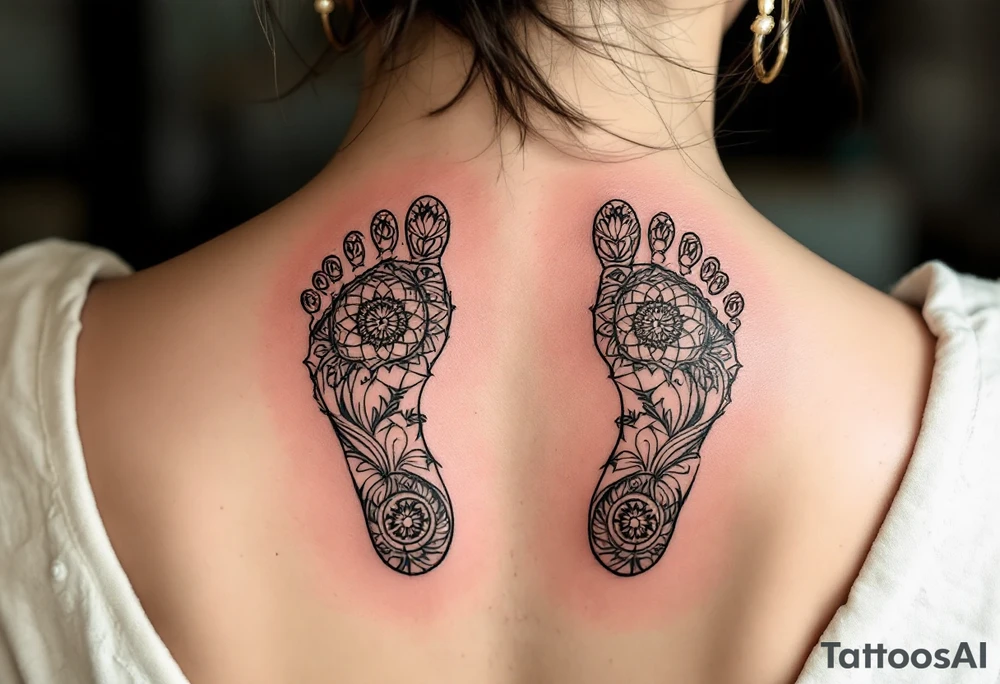 Footprints of the Buddha – Two footprints with sacred markings like dharma wheels or lotus flowers inside them. tattoo idea
