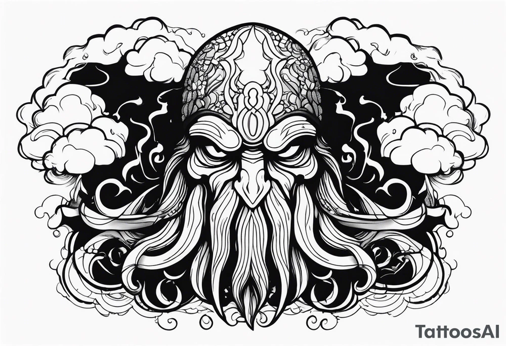 Cthulhu face surrounded by storm clouds with white lightning tattoo idea Cthulhu face surrounded by storm clouds with white lightning tattoo idea