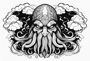 Cthulhu face surrounded by storm clouds with white lightning tattoo idea