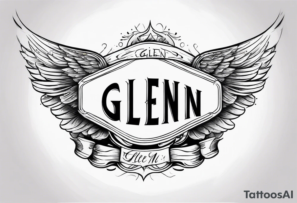 A simple tattoo with the word Glenn on a banner with angel Wings tattoo idea