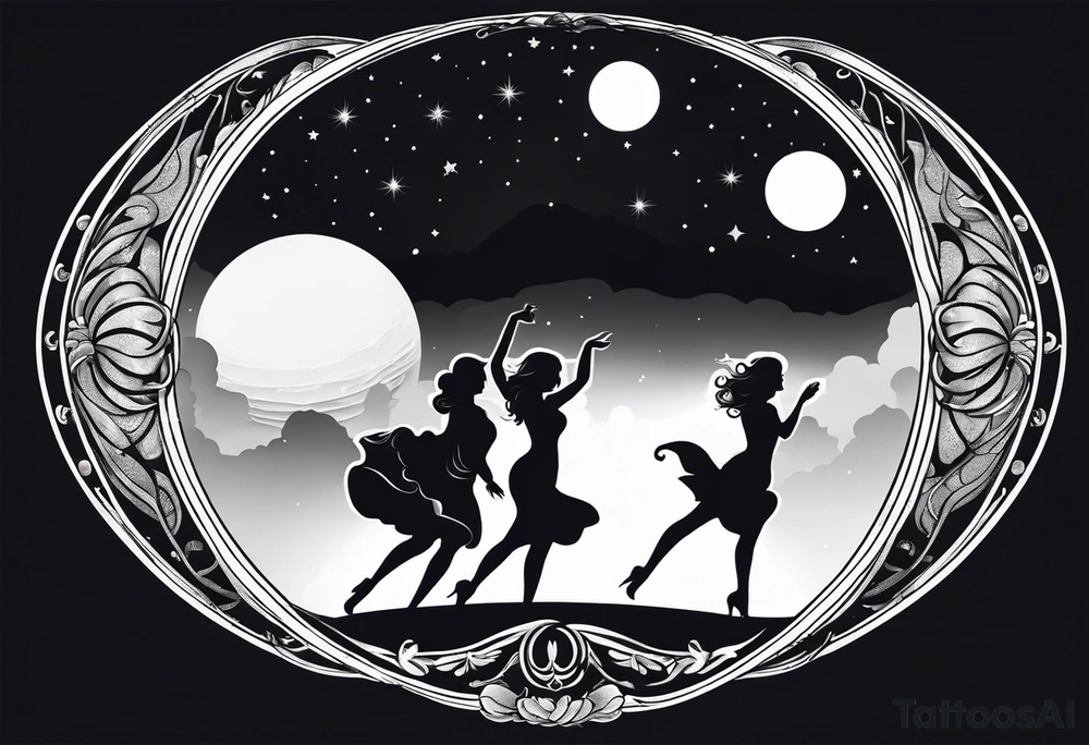 crystal ball that shows three women in silhouette dancing underneath a full moon tattoo idea