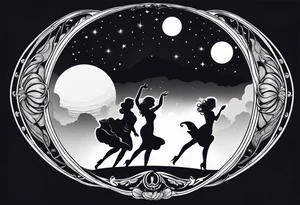 crystal ball that shows three women in silhouette dancing underneath a full moon tattoo idea