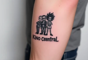Forearm tattoo of boondocks characters standing on top of the words kino central tattoo idea