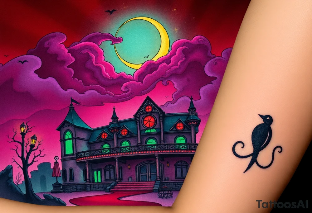 Tim Burton’s haunted casino is abandoned and dripping with muted reds, dusty pinks, and eerie green glow.purple and cyan smokey clouds swirl in the crescent moonlit sky thats sprinkled with stars tattoo idea tattoo idea