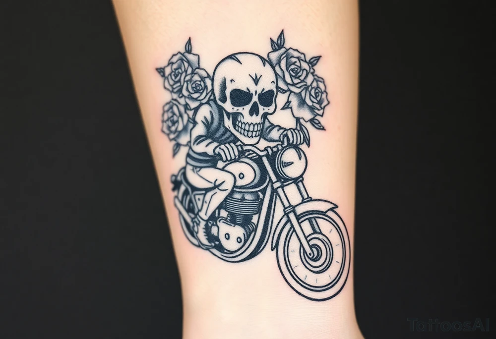 create an decorated "day of the dead skull" with roses who is riding a Triumph motorcycle tattoo idea