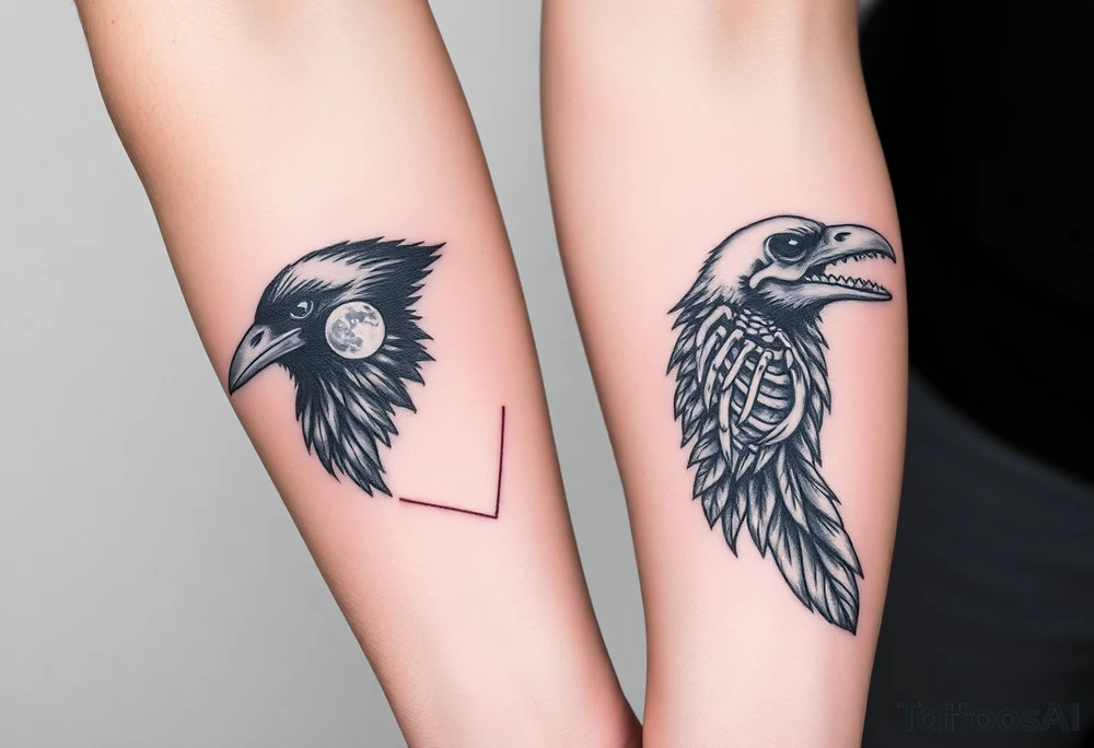 Double forearm tattoo with one normal crow head and the other forearm with a skeleton of a crows head. Each arm having feathers not attached to crows and a moon joining in the middle of both forearms tattoo idea