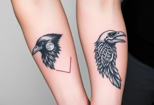Double forearm tattoo with one normal crow head and the other forearm with a skeleton of a crows head. Each arm having feathers not attached to crows and a moon joining in the middle of both forearms tattoo idea