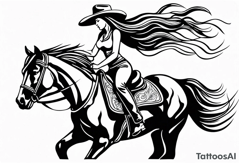 cowgirl with long hair on the back of galloping stallion. She is holding her cowboy hat on her head with one hand and the reins with the other hand tattoo idea
