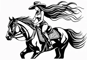 cowgirl with long hair on the back of galloping stallion. She is holding her cowboy hat on her head with one hand and the reins with the other hand tattoo idea