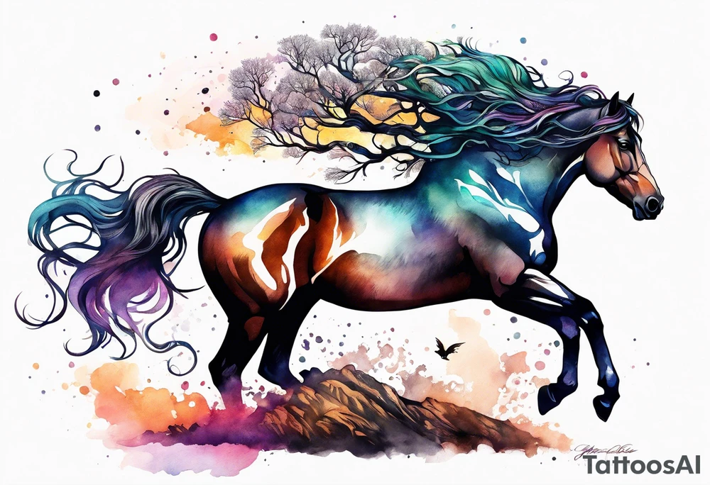 Realistic Horse and Yggdrasil tree tattoo idea