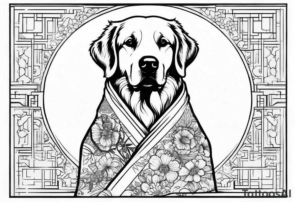 a golden retriever in a kimono full body view wearing a black belt tattoo idea