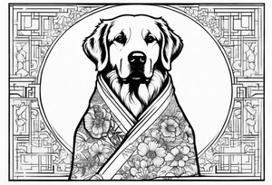 a golden retriever in a kimono full body view wearing a black belt tattoo idea