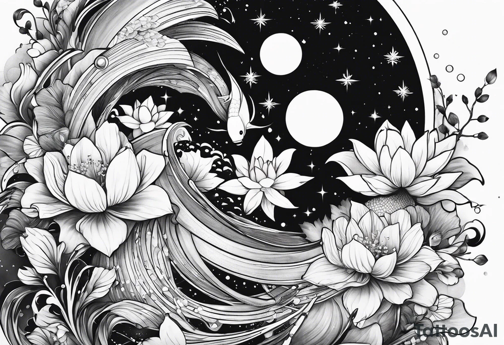 geometric half sleeve tatoo, space, nature, koi tattoo idea
