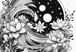 geometric half sleeve tatoo, space, nature, koi tattoo idea