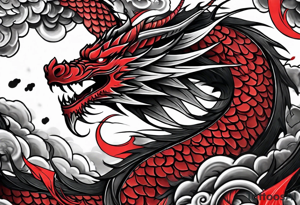 dragon irezumi arm sleeve in black and red with water and lightning tattoo idea