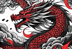 dragon irezumi arm sleeve in black and red with water and lightning tattoo idea
