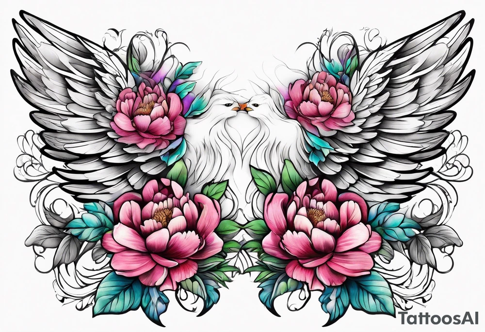 beautiful angel wings with colorful peonies. beautiful flilligree in the background tattoo idea