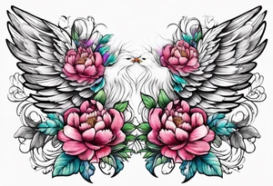 beautiful angel wings with colorful peonies. beautiful flilligree in the background tattoo idea