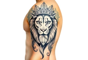 majestic lion wearing ornate crown, surrounded by baroque flourishes tattoo idea