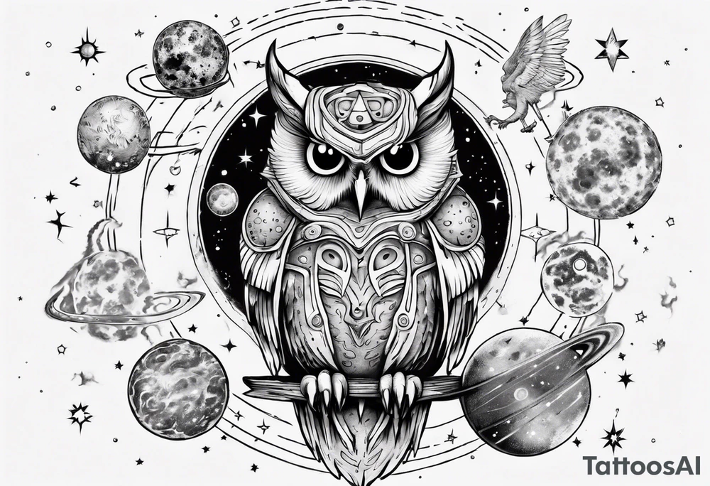 Demon Owl surrounded by cosmic astrology and planets. tattoo idea