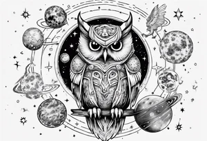 Demon Owl surrounded by cosmic astrology and planets. tattoo idea