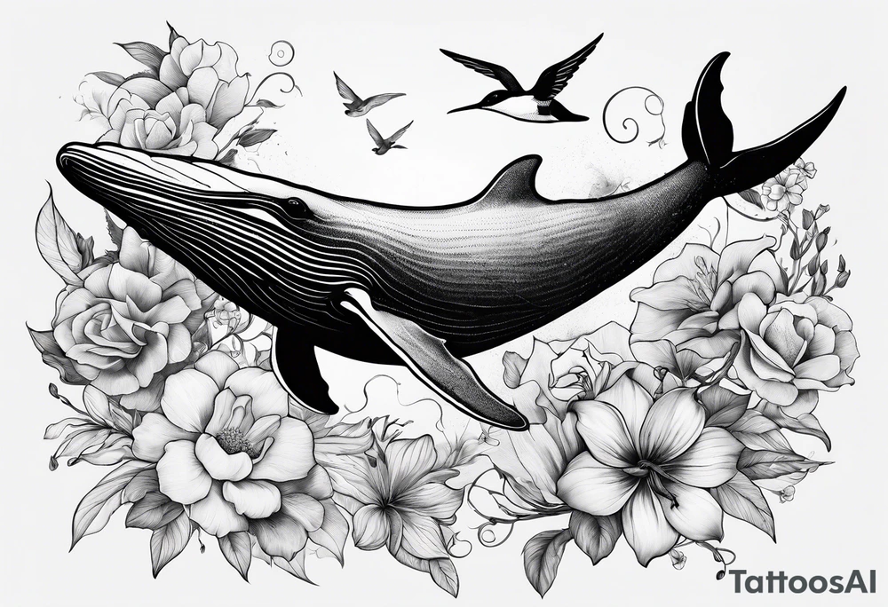 flowers, collage, whale and hummingbird tattoo idea