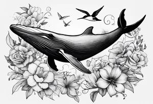 flowers, collage, whale and hummingbird tattoo idea