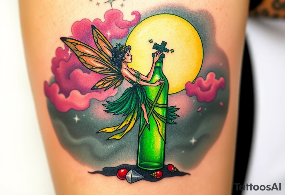 Tim Burton’s pin up style Vintage Parisian elegant and hauntingly beautiful yet eerie full body absinthe Green Fairy dances outside her victorian crystal decatur absinthe bottle Absinthe Art Nouveau   and dripping with muted reds, dusty pinks, and eerie green glow.purple and cyan smokey clouds swirl in the crescent moonlit sky thats sprinkled with stars tattoo idea
