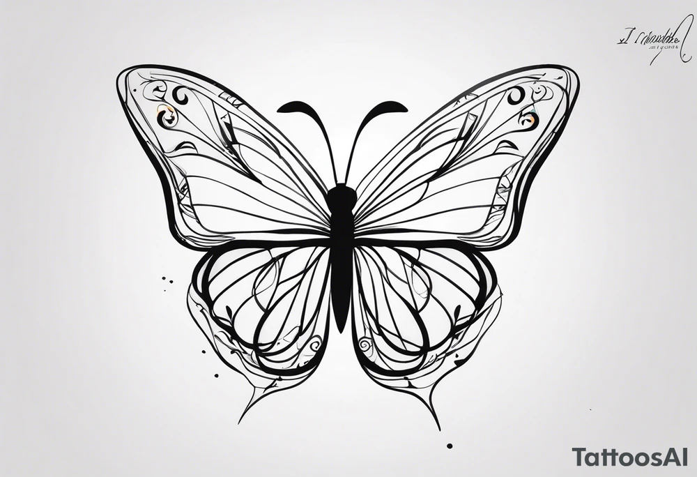 butterfly with one wing black scribbles, the other wing beautiful and colorful, the body has the date 1.9.2023 and the words written "I chose to live." tattoo idea