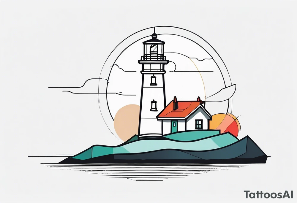 lighthouse in fine line and a bit geometric, colored. also the sea close to the lighthouse tattoo idea