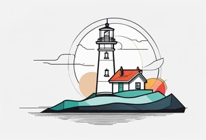 lighthouse in fine line and a bit geometric, colored. also the sea close to the lighthouse tattoo idea