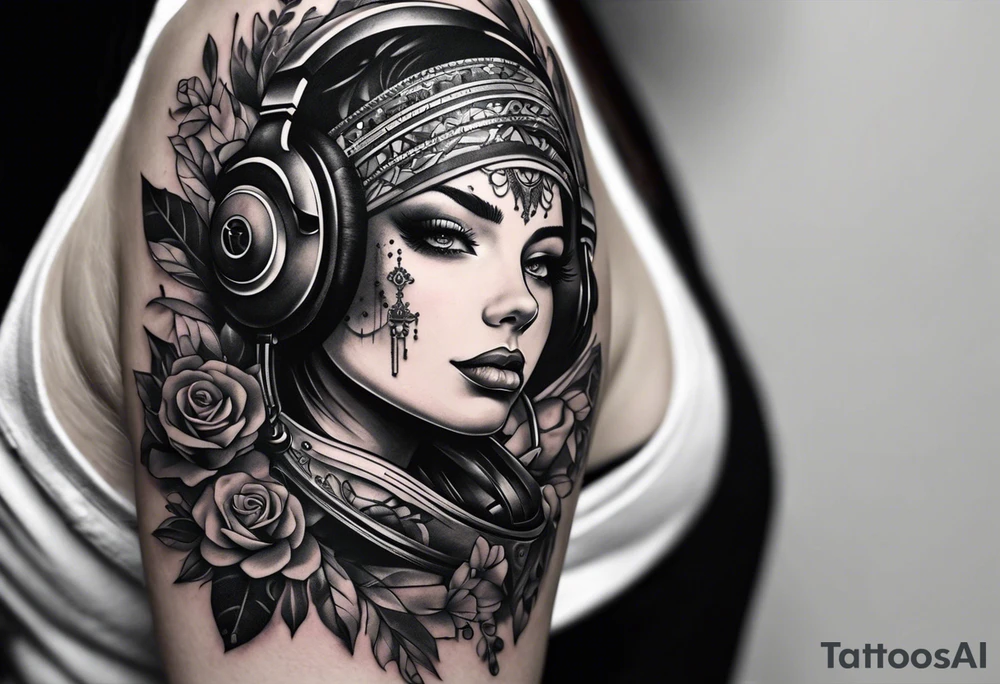 a half-sleeve black and white tattoo idea that incorporates mental health awareness, a passion for EDM music, a first responder past, and keeping a positive mindset. I want everything designed into each other thing tattoo idea