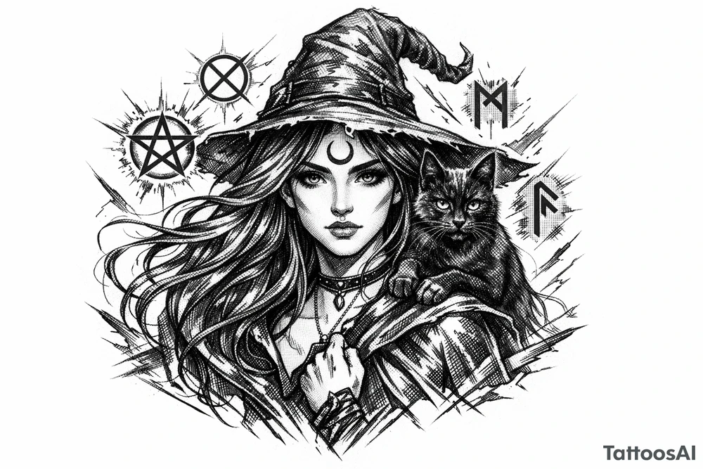 Young witch with flowing hair, a black cat perched on her shoulder, surrounded by glowing magical runes. tattoo idea