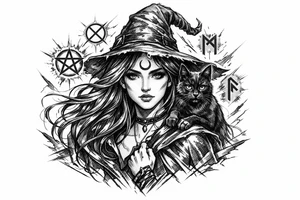 Young witch with flowing hair, a black cat perched on her shoulder, surrounded by glowing magical runes. tattoo idea