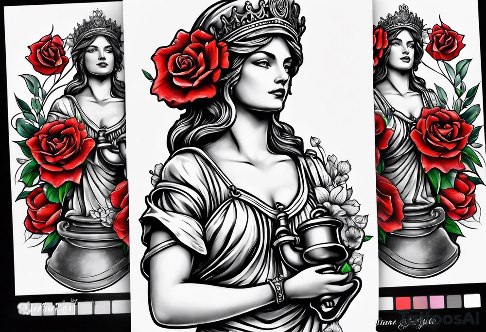 lady justice and flowers tattoo idea