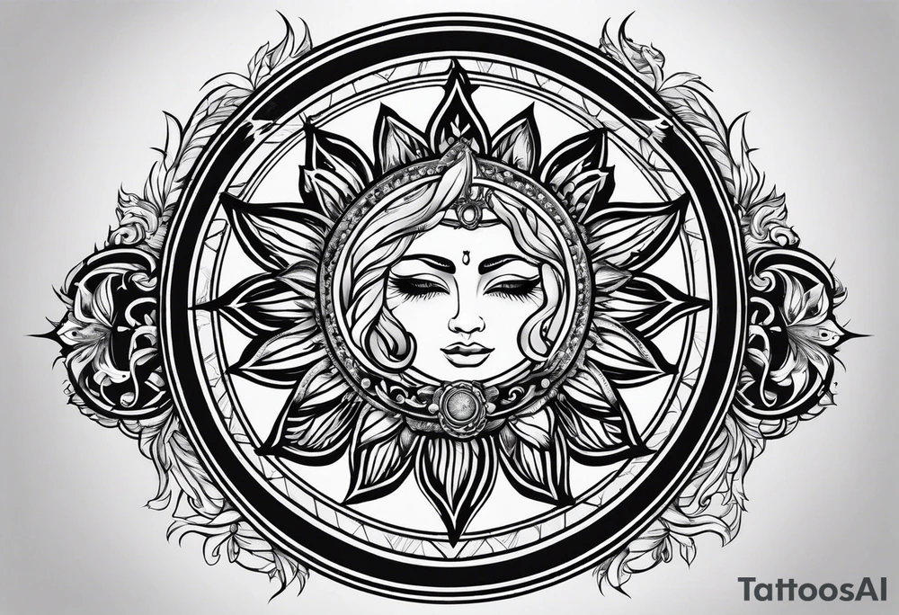 protective shield with a sun with hair tattoo idea