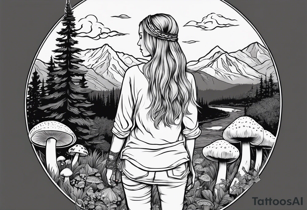 Whole picture encircled fully

Straight long blonde hair hippie girl in distance holding mushrooms in hand facing away toward mountains and creek surrounded by mushrooms long sleeve shirt and hiking pants; whole rendering within a full circle, no cut off circle tattoo idea