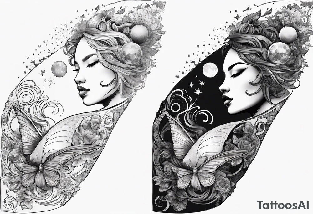sun & moon, ying & yang, coi fish, and butterflies arm sleeve tattoo idea
