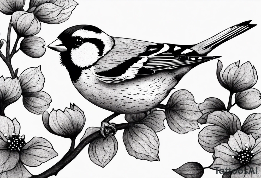 Generate a tattoo design of a goldfinch surrounded by delicate vines, emphasizing its bright colors and playful nature tattoo idea