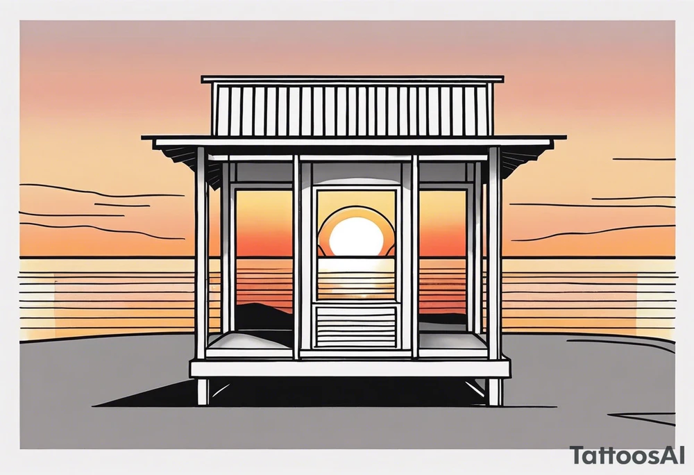 negative space linework cabana on a beach at sunset tattoo idea