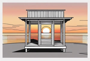 negative space linework cabana on a beach at sunset tattoo idea