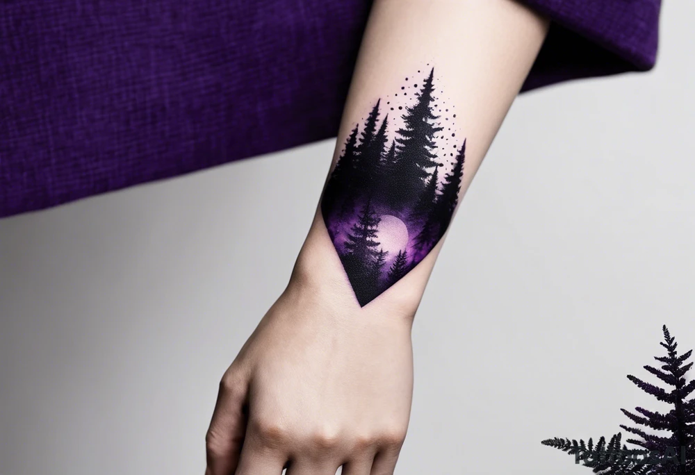 forest, purple and black, covered from wrist to forearm, fully covered, no borders, blackwork tattoo idea