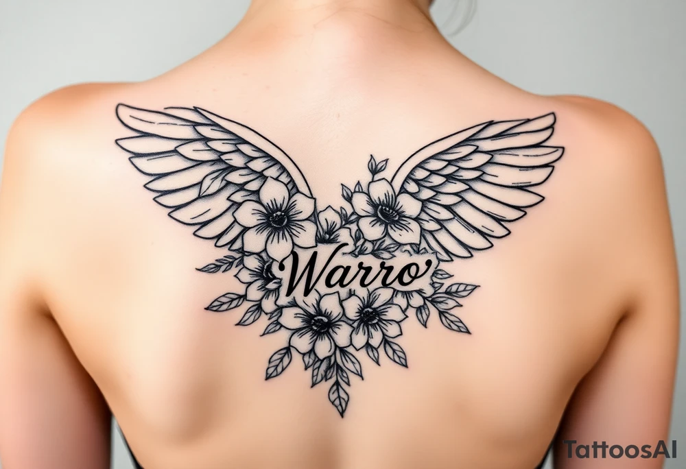 beautiful angel wing with majestic flowers with word "Warr;or" tattoo idea