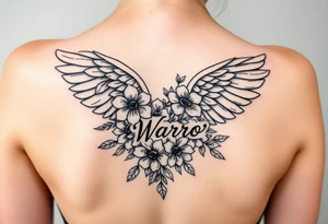 beautiful angel wing with majestic flowers with word "Warr;or" tattoo idea