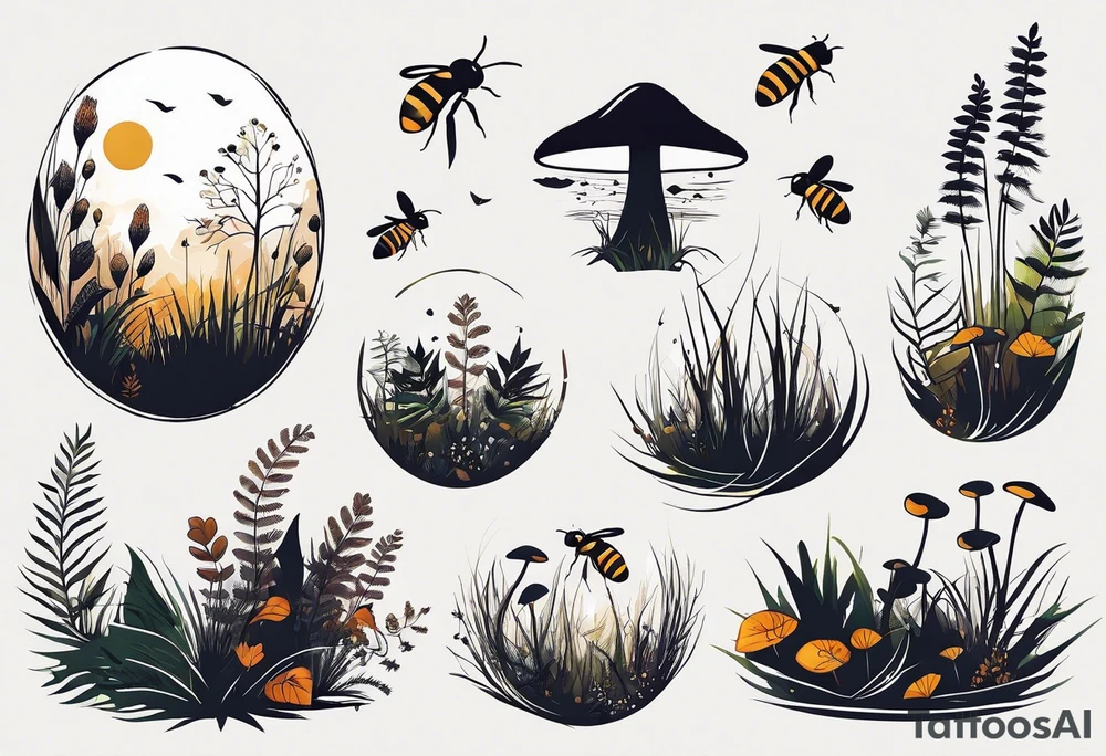 forest floor inspired minimalist tattoo, which includes grass, curly ferns, moss and dead leaves as the bulk of the tattoo. details to include: forest berries, a tiny bumblebee flying nearby, three small brown mushrooms
Generate a vertically long one tattoo idea