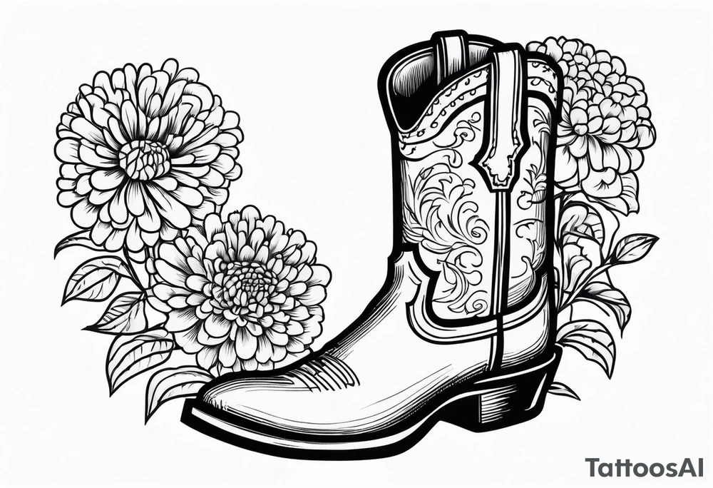 Cowboy boot with bouquet of chrysanthemum, carnations and marigolds inside of boot tattoo idea