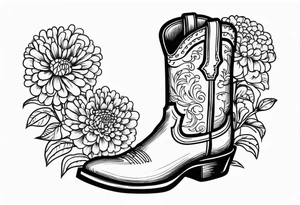 Cowboy boot with bouquet of chrysanthemum, carnations and marigolds inside of boot tattoo idea