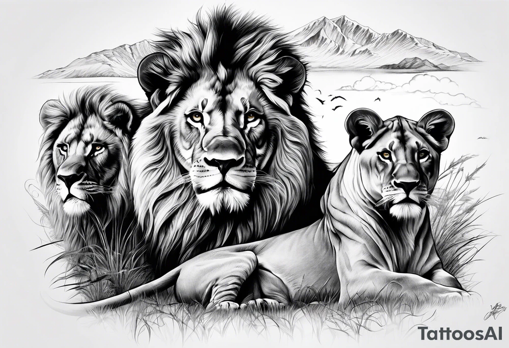 in front the savane
in back ground a lion and is family tattoo idea